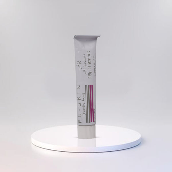 15g tube of Fuskin cream for skin infections, labeled with Fusidic Acid, on a white backdrop.